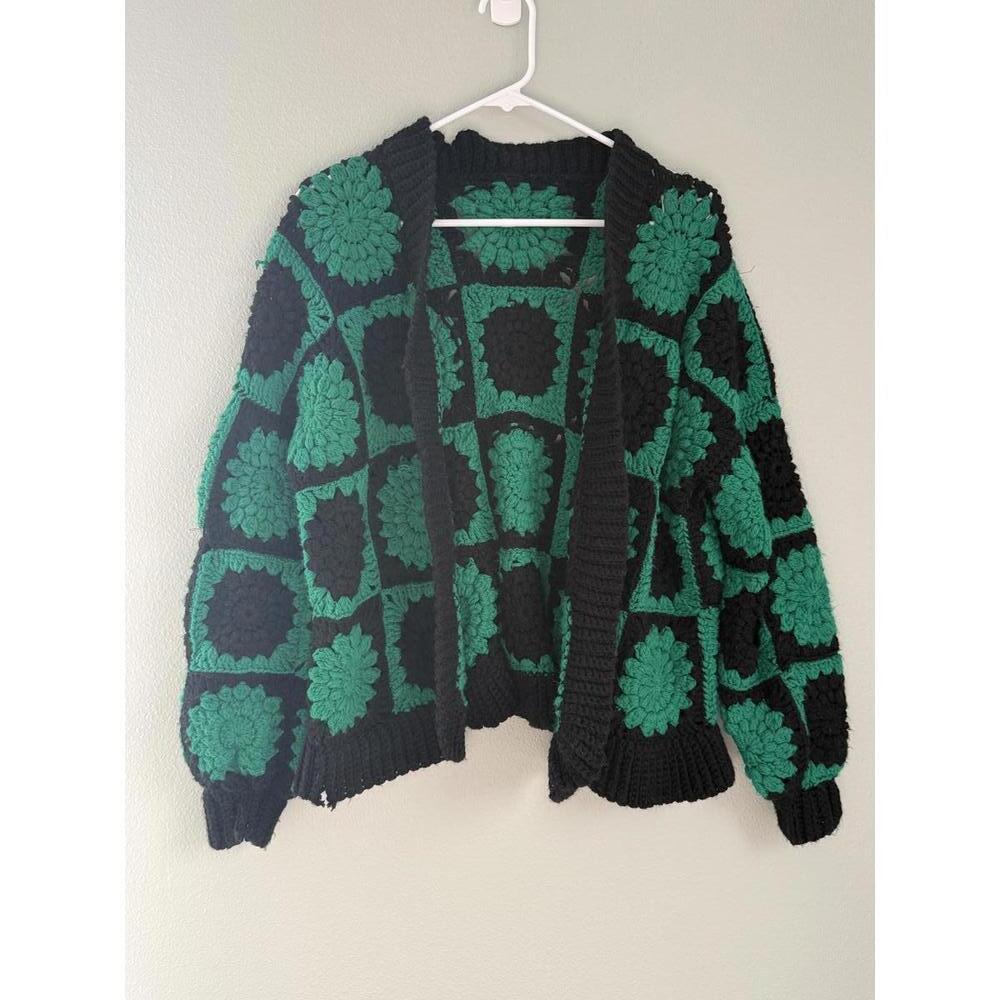 Crocheted Black and Green Cardigan Sweater (One Size)